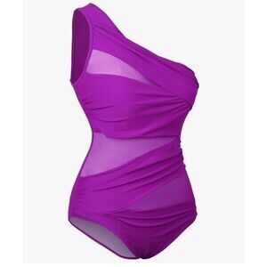 Women's One Piece Swimsuit One Shoulder Swimwear mesh see through purple XXL